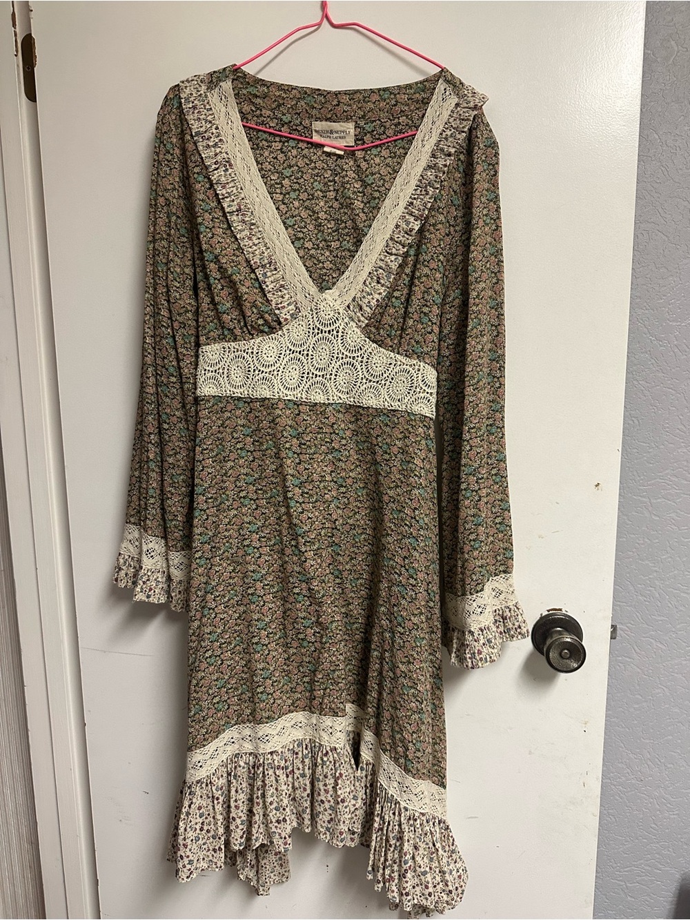 Ralph Lauren Denim & Supply Boho Floral Lace Trim Long Sleeve Dress - Cream & Br